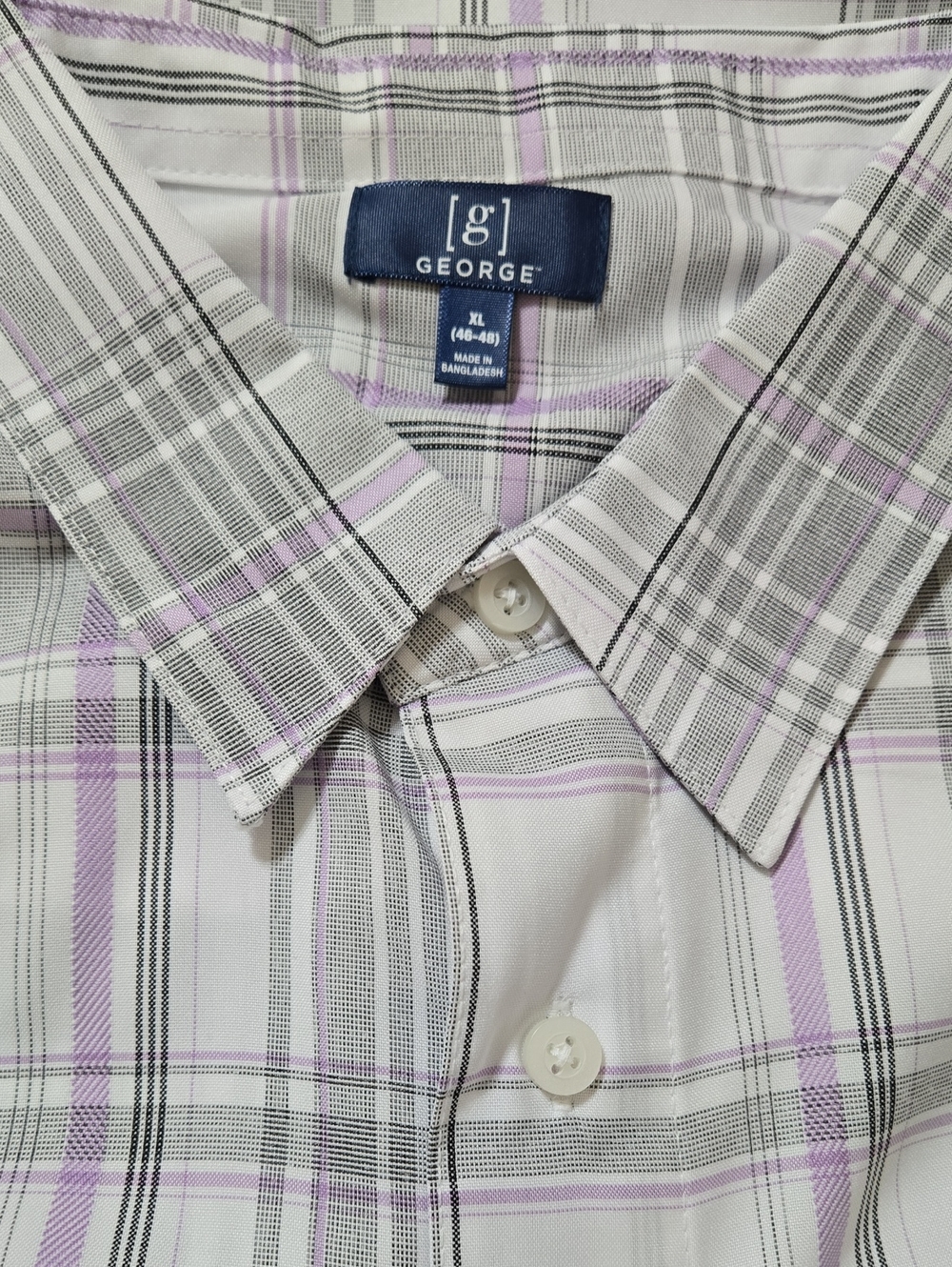 George Men's White Shirt with Lavender and Black Plaid